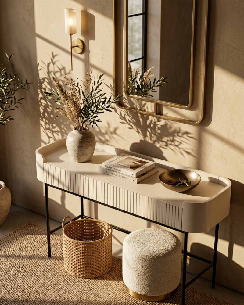 Recibidor con patas alta metálicas DREVA vista decorada 1 crema