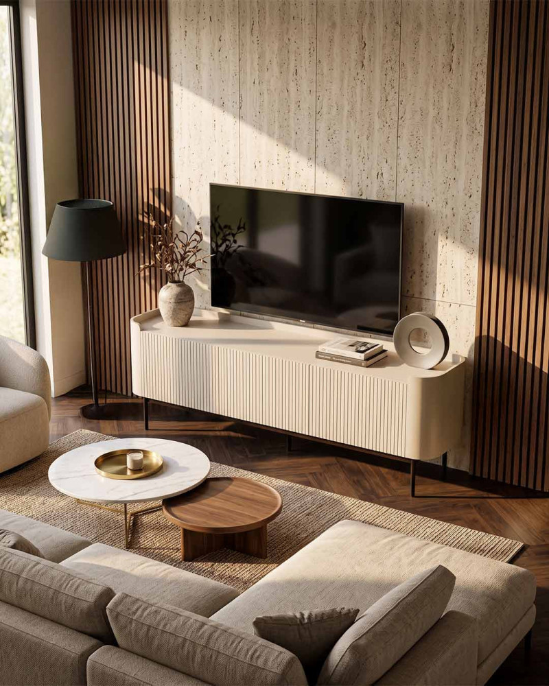 Mueble TV SEALA vista decorada 1 del mueble crema