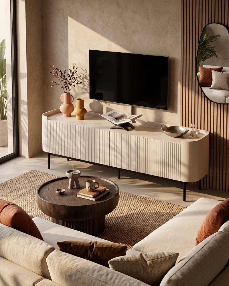 Mueble TV SEALA vista decorada 2 del mueble crema