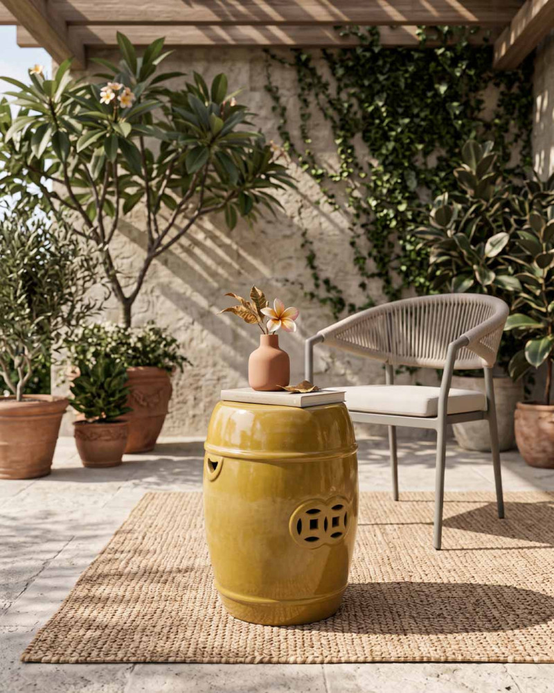 Taburete cerámica XIN vista de decoracion en jardin