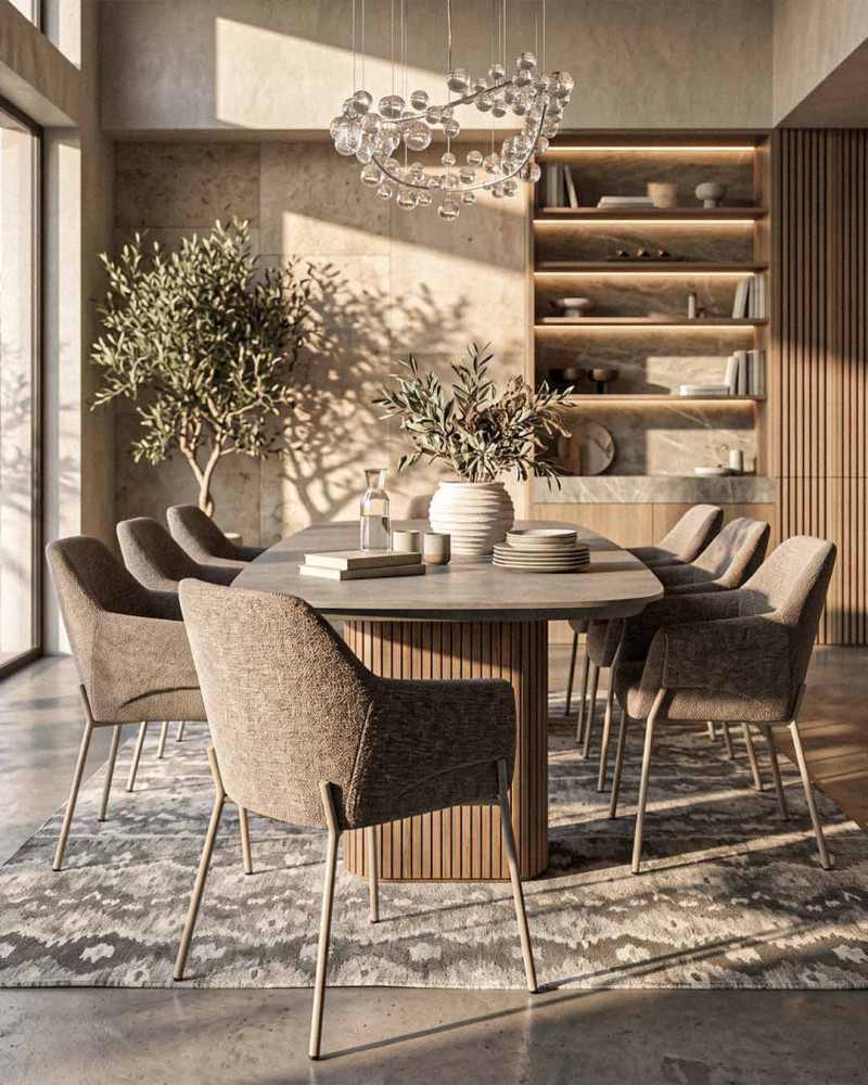 Silla FIONA vista decorada de las sillas colocadas alrededor de una mesa gris