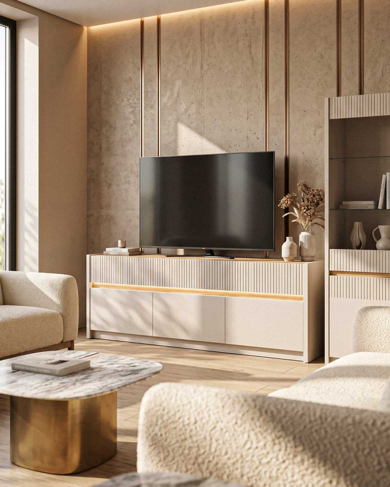 Mueble TV con luces led integradas OSLO vista decorada salon y mueble de tv y vitrina
