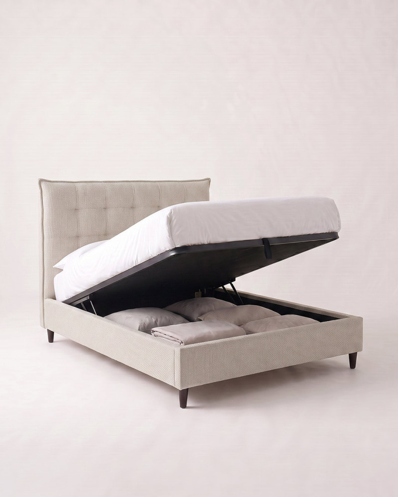 Cama tapizada con cabecero y canapé  ELVA crudo abierto