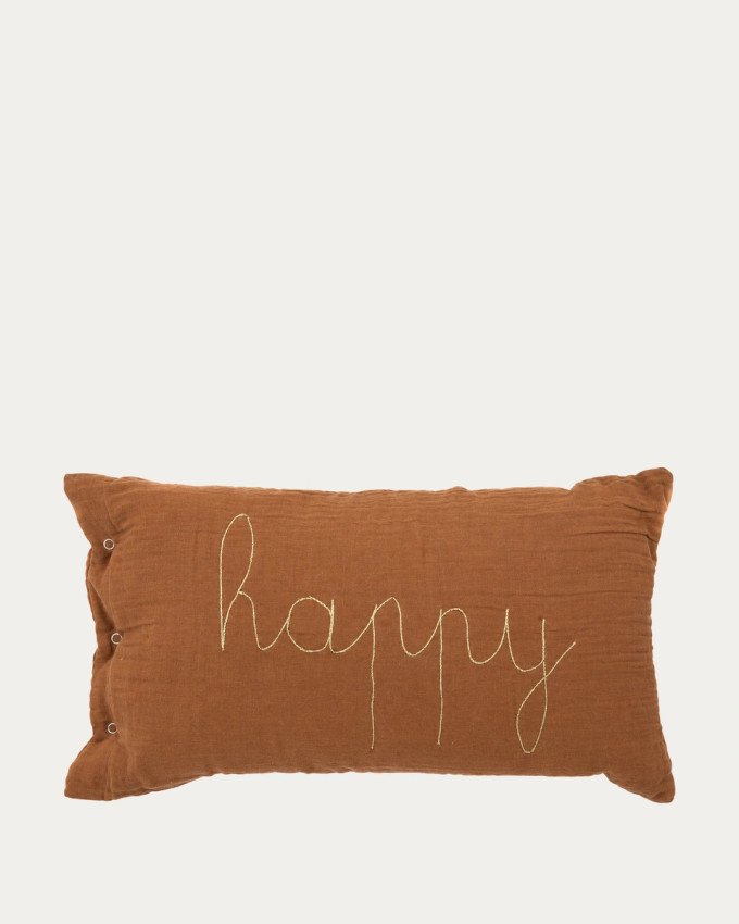 Cojín rectangular marrón con letras HAPPY